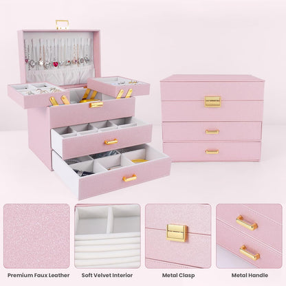 Dajasan Jewelry Organizer Box, Large Jewelry Boxes for Girls, Space-Saving 4 Layers Jewelry Storage Case with Drawer, Gift for Women, Movable Metal Stand, Modern (Pink+ Gold)
