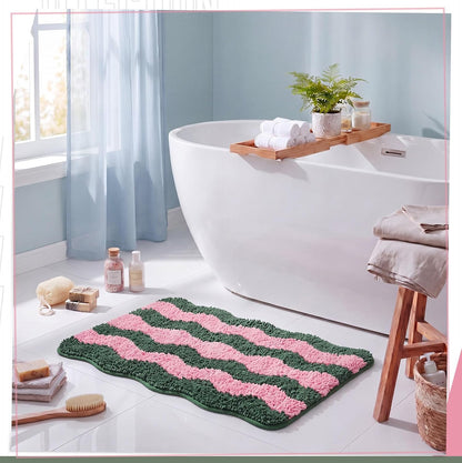 Nuanchu Cute Scalloped Bathroom Rug, Plush Tufted Absorbent Soft Wave Striped Bath Mat 24"x16", Non-Slip Washable Floor Carpet for Bathroom Bedroom Kitchen(Pink & Sage Green)