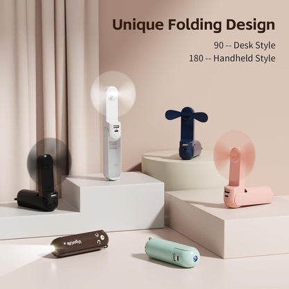 Portable Fan Mini Handheld Fan, Cute Pocket Personal Fan, USB Rechargeable Travel Fan with Power Bank & LED Flashlight, Foldable Small Cooling Fan for Beach, Summer Essentials,Summer Gift for Her