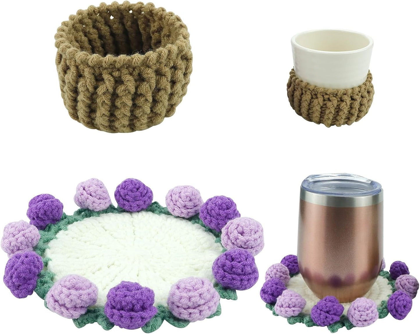 1 Set Handmade Crochet Flower Bouquet Coasters, Mini Knitted Roses Potted Decor for Tabletop, Crochet Flower Coaster Set for Home Birthday Gift for Mom Women