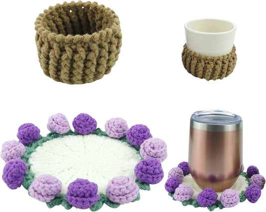 1 Set Handmade Crochet Flower Bouquet Coasters, Mini Knitted Roses Potted Decor for Tabletop, Crochet Flower Coaster Set for Home Birthday Gift for Mom Women