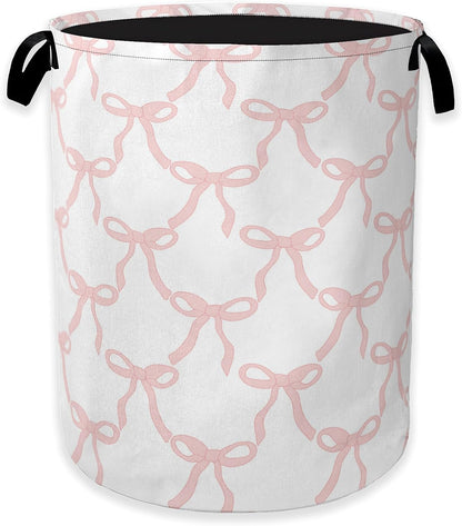Pink Bow Laundry Basket,Princess Girls Clothes Hamper,Oxford Cloth Collapsible Nursery Hamper Storage Organization for Bedroom,Bathroom,Office,College Dorms,16x20 Inch