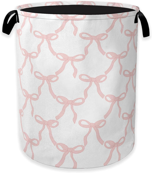 Pink Bow Laundry Basket,Princess Girls Clothes Hamper,Oxford Cloth Collapsible Nursery Hamper Storage Organization for Bedroom,Bathroom,Office,College Dorms,16x20 Inch