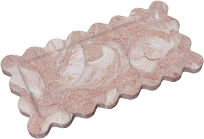 Natural Luxury Marble Vanity Tray Rectangle with Ruffles Serving Marble Storage for Bathroom, Kitchen, Plate Holder for Skincare Product, Perfume, and Food Home Décor (Shell Pink)