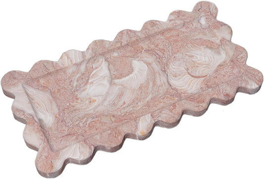 Natural Luxury Marble Vanity Tray Rectangle with Ruffles Serving Marble Storage for Bathroom, Kitchen, Plate Holder for Skincare Product, Perfume, and Food Home Décor (Shell Pink)