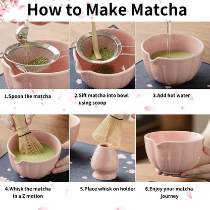 Matcha Whisk Set of 8 - HTRCXB Ceramic Matcha Set, Include Matcha Bowl, Matcha Whisk and Holder, Bamboo Scoop, Measuring Spoon, Scoop Rest, Sifter and Tea Towel - Matcha Kit Gift for Matcha Lovers