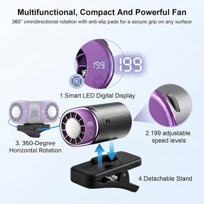 Clip On Fan with Led Display, Portable Ac for Car, 16°C Cooling System, 360° Rotation & 199 Speeds Adjustable Mini Car Fan, Car Air Conditioner, Personal Fan for Vehicle, Office, Outdoor Use (Pink)