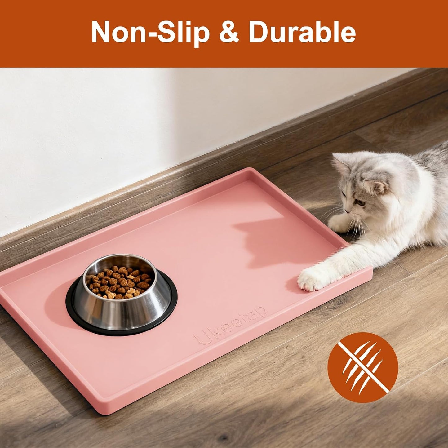 ukeetap Extra Thick Silicone Mat Waterproof with Raised Edge 19” x 12”, BPA Free Non-Slip Dog & Cat Food Mat, Feeding Mat for Food and Water Bowls, Spill Proof Mat to Protect Floors, Pink