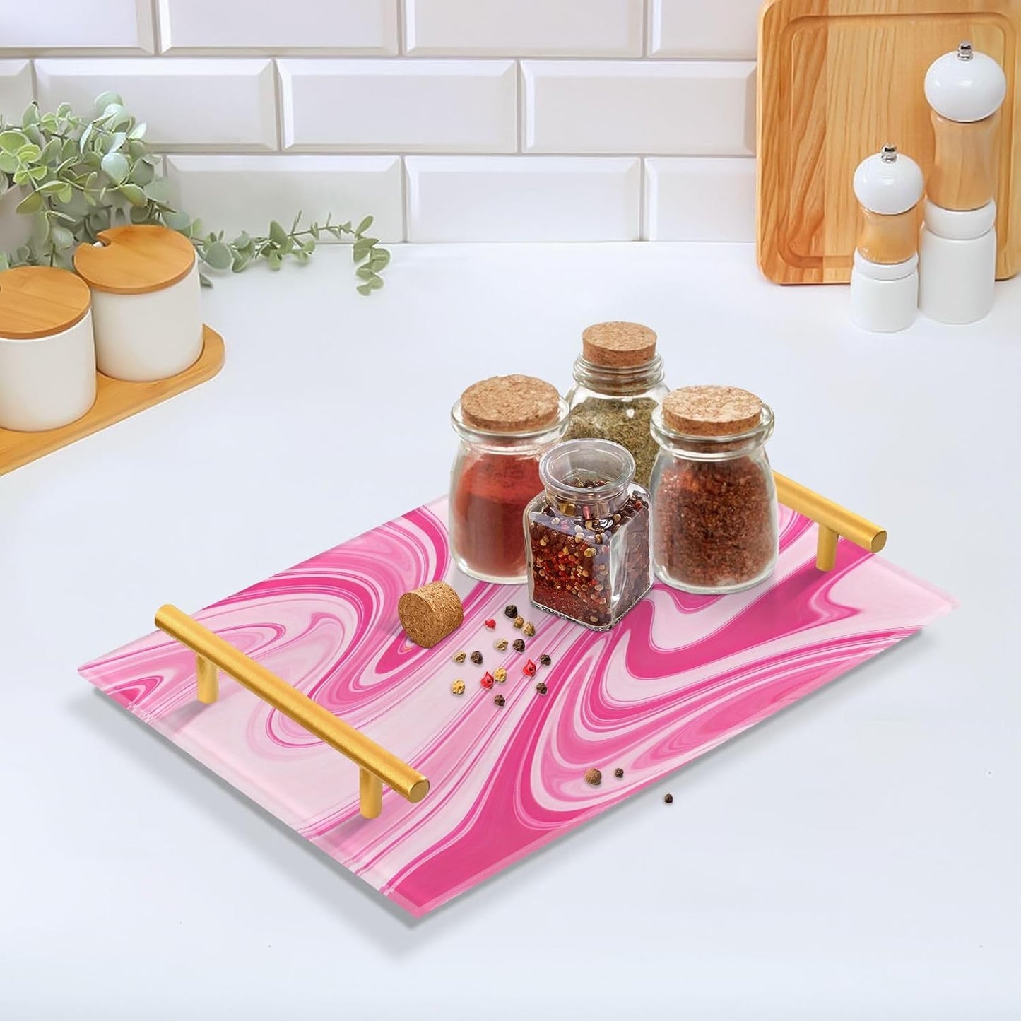 Peach Waves Decorative Farmhouse Tray with Handles Plastic Food Tray for Jewelry Perfume for Room Service bandeja de decoracion para sala
