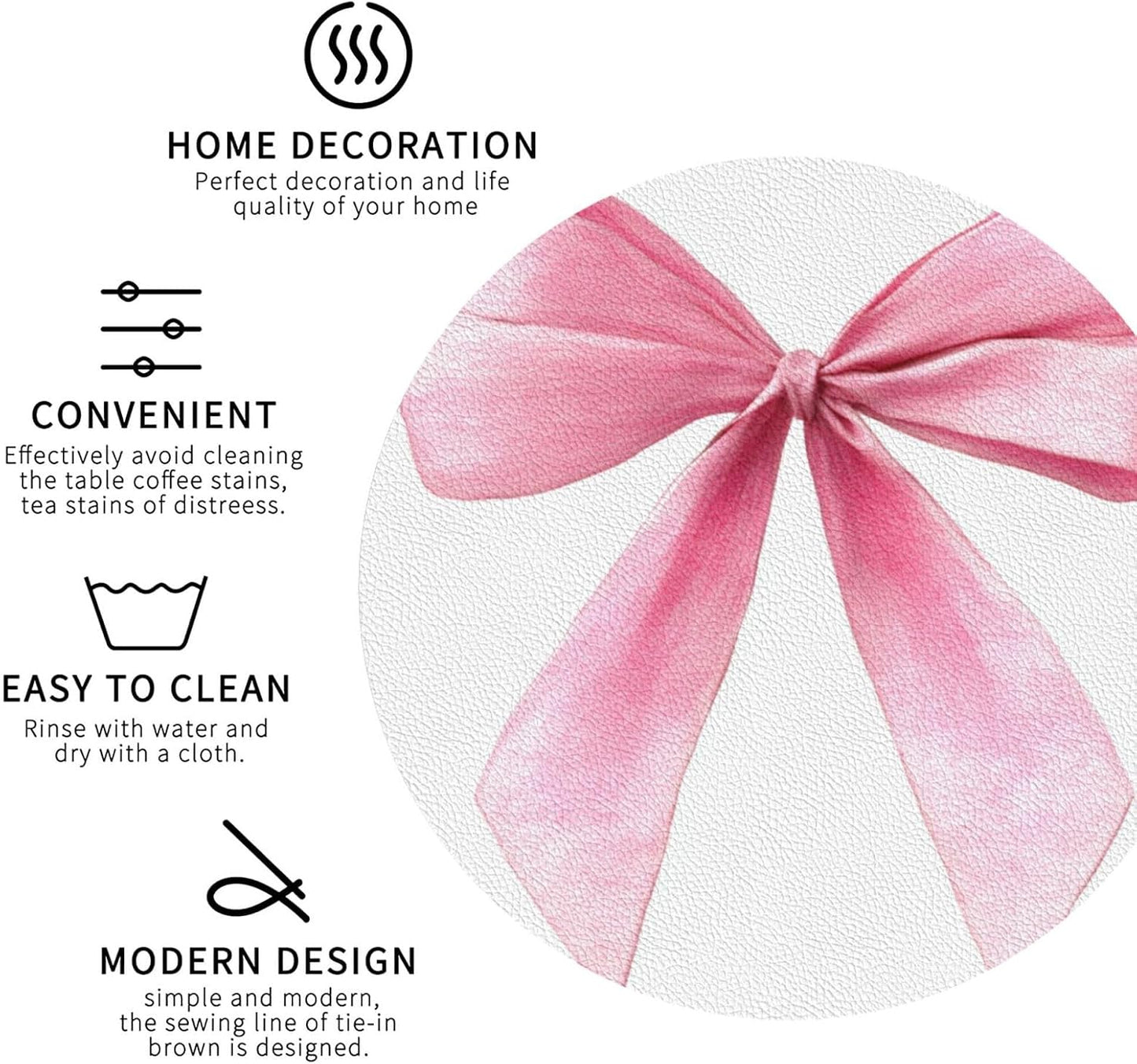Watercolor Light Pink Coquette Bow Drinks Coasters Set of 4 Leather Drink Coasters for Tabletop Protection Heat Resistant Bar Cup Mat Pad
