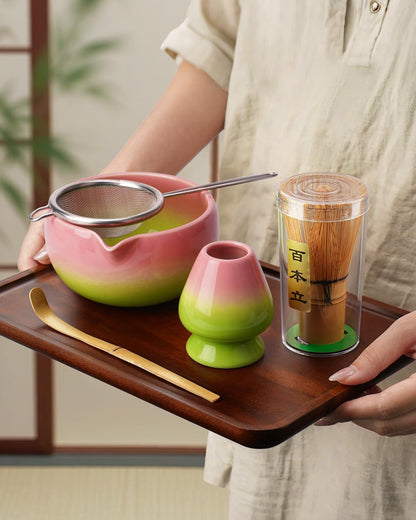 Joiish Matcha Whisk Set, Gradient Matcha Kit, Ceramic Bowl with Spout (18oz), Bamboo Whisk, Stainless Sifter, Scoop & Chasen Holder, 5-PC Complete Macha Tea Ceremony Tools (Pink-Green)
