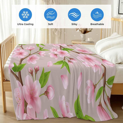 Cooling Blanket for Hot Sleepers, Pink Peach Flowers Lightweight Breathable Summer Blanket, Spring Botanical Watercolor Floral Brown Double-Side Cool Throw Blankets for Sleeping Travel, 30"x40"