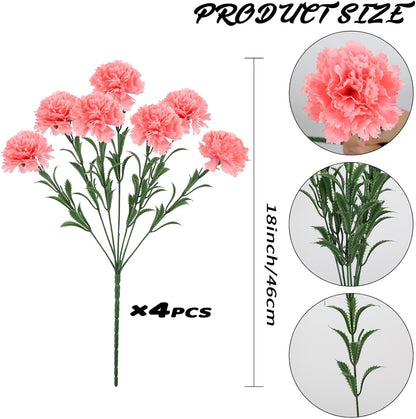 28 Heads Carnations Artificial Flowers 4 Pcs Faux Carnations Bouquet 18.5in Silk Pink Flower for Wedding Decor Home Table Centerpiece Floral Arrangements (Pink)