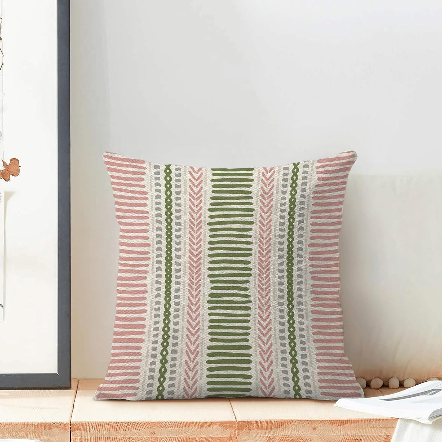 Boho Pillow Covers 18x18 Set of Pink Sage Green Stripes Throw Pillow Covers Outdoor Decoration,Bohemian Abstract Modern Decor Pillowcase Farmhouse Linen Decorative Cushion Cover for Home Couch