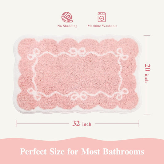 Pink Bathroom Rugs – Scalloped Bath Mat with Bow, Non-Slip & Washable Pink Bath Rug, Cute Bath Mat for Aesthetic Decor, Bow Bathroom Rug for Shower, Sink, and Tub (32x20 inch)