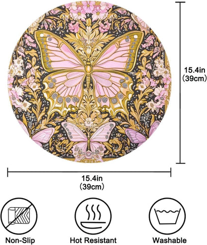 Retro Butterflies Pattern Gold and Peach Round placements Reusable placemats Washable placemats for Dining Table Table Settings for Dining Table Decor placemats Heat Resistant Waterproof Round