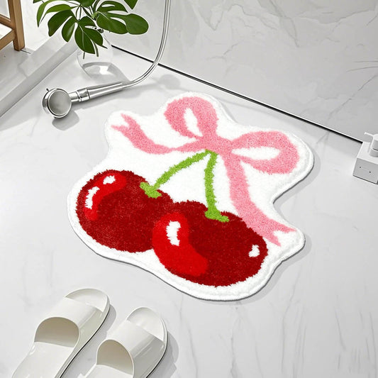 Mocsicka Cherry Bow Bathroom Rug Cute Cherry Pink Bow Bath Mat Super Soft Absorbent Rugs Non Slip Bath Mat Machine Washable Rug for Bathroom Home Decor 19.5x21.5 inches