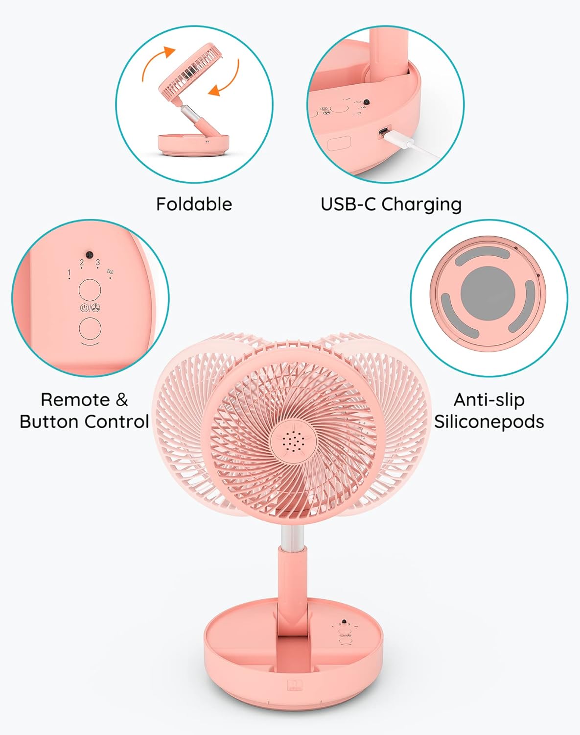 Primevolve Portable Fan, |21H Battery|7200mAh Rechargeable Oscillating Fan with Remote, Foldable Telescopic 7.7" for Travel Camping Cruise Hotel Bedroom, Pink