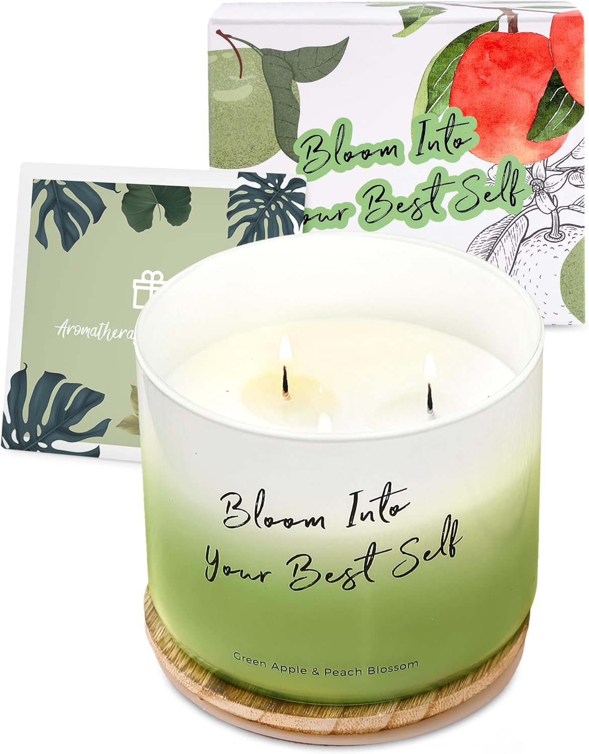 Green Apple Peach Blossom Scented Soy Candle - Large 3-Wick Aromatherapy Candle for Home, 15.8oz - Fresh Fruity Scent - “Bloom Into Your Best Self” Quote - Inspirational Home Decor Gift