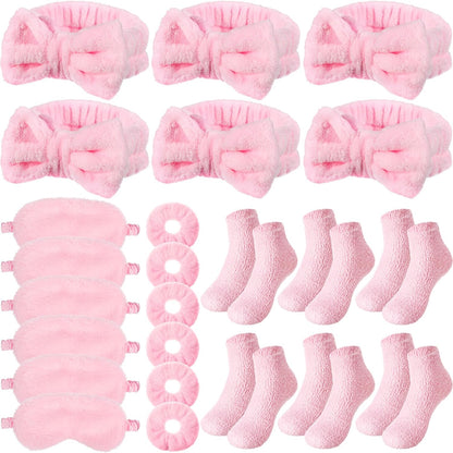 Shyyween 30 Pieces Galentine Spa Sleepover Party Supplies 6 Pink Bow Headband 6 Plush Sleep Eye Mask 6 Velvet Scrunchies 6 Pair Fuzzy Sock for Spa Slumber Party Favors Valentine Gift