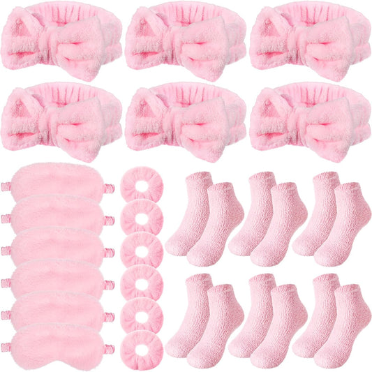Shyyween 30 Pieces Galentine Spa Sleepover Party Supplies 6 Pink Bow Headband 6 Plush Sleep Eye Mask 6 Velvet Scrunchies 6 Pair Fuzzy Sock for Spa Slumber Party Favors Valentine Gift