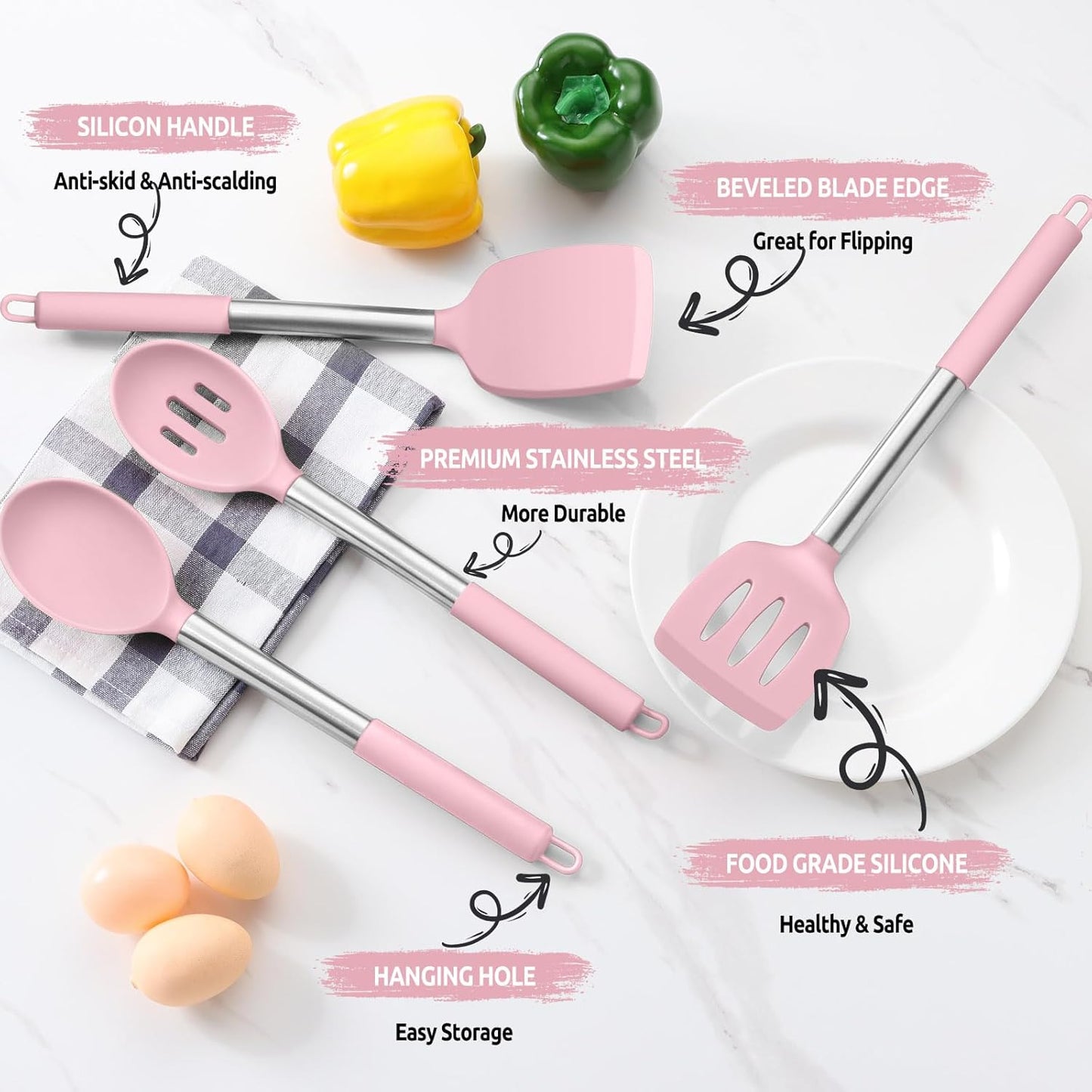 E-far Cooking Utensils Set of 4, Silicone Kitchen Utensils for Non-stick Cookware, Heat Resistant & Non-toxic Slotted Spatula Solid Spoon Turner for Flipping Mixing Serving Basting(Pink)