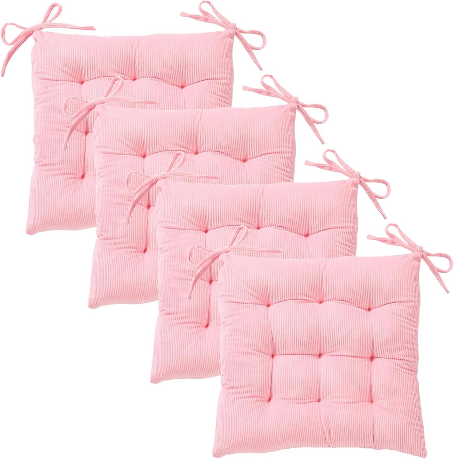 4Pack Chair Cushions for Dining Chairs 15.7"X15.7" Corduroy Chair Pads with Ties Indoor Non-Slip Square Seat Cushion for Kitchen Office Chairs Computer Desk Seat Pad, Pink