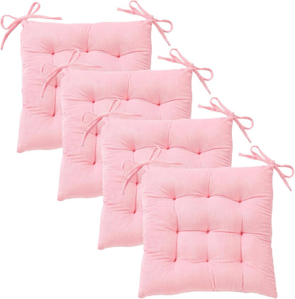 4Pack Chair Cushions for Dining Chairs 15.7"X15.7" Corduroy Chair Pads with Ties Indoor Non-Slip Square Seat Cushion for Kitchen Office Chairs Computer Desk Seat Pad, Pink