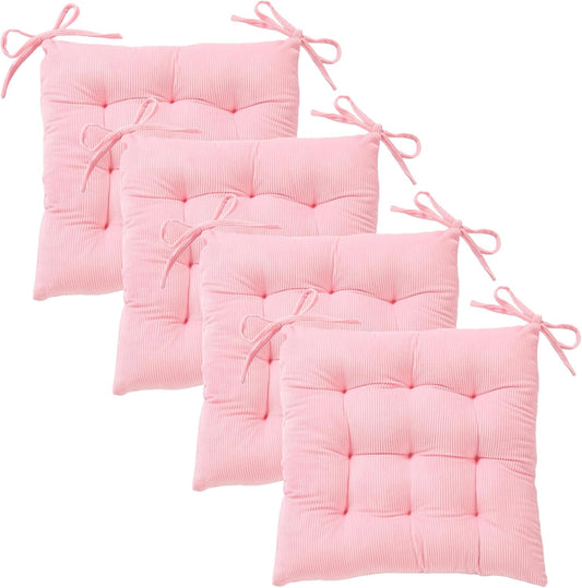 4Pack Chair Cushions for Dining Chairs 15.7"X15.7" Corduroy Chair Pads with Ties Indoor Non-Slip Square Seat Cushion for Kitchen Office Chairs Computer Desk Seat Pad, Pink