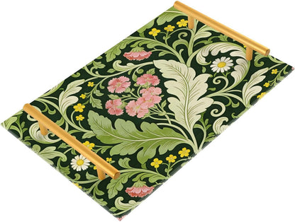 Pink Carnation Green Leaves William Morris Decorative Serving Tray with Handles Long Serving Tray for Jewelry Perfume for Bed Serving bandejas para desayuno personalizado