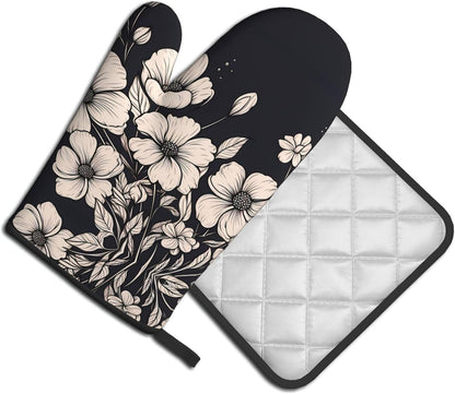 Light pink flowers Patterned Heat-Proof Gloves and Protective Mat Set (2-Piece) - For Ovens, Microwaves, and Grills