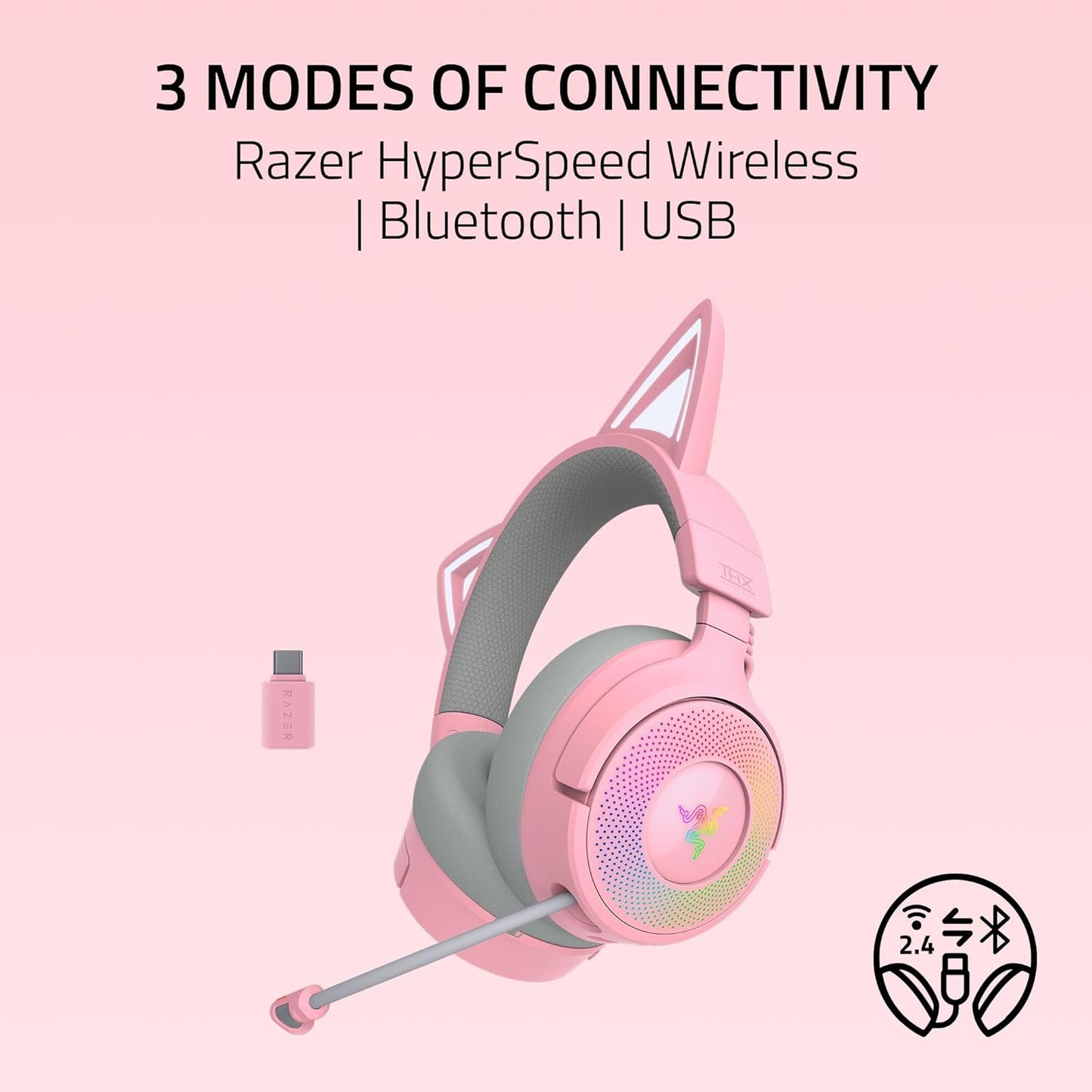 Razer Kraken Kitty V3 Pro Wireless RGB Gaming Headset: Chroma RGB Kitty Ears - 2.4 GHz, Bluetooth 5.3, USB A - Super Wideband Mic - 40mm Drivers - THX Spatial Audio - Comfortable Ear Cushions - Pink