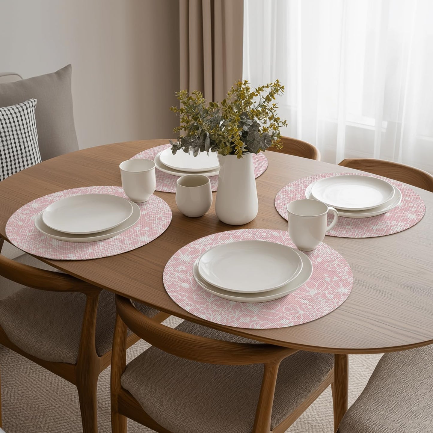 Artoid Mode Pink Leaves Vinyl Round Placemats Set of 4, 14 Inch Washable Non-Slip Heat Resistant Woven Plastic Spring Table Mats for Party Kitchen Dining Decor