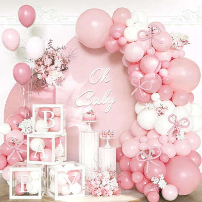 154Pcs Coquette Pink Bow Baby Shower Decorations for Girl - Soft Pink Balloon Arch Garland Kit with 4 Baby Boxes - DIY Long Balloons for Bows, Princess Birthday Party Supplies, Gender Reveal
