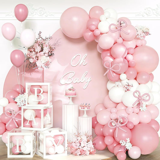 154Pcs Coquette Pink Bow Baby Shower Decorations for Girl - Soft Pink Balloon Arch Garland Kit with 4 Baby Boxes - DIY Long Balloons for Bows, Princess Birthday Party Supplies, Gender Reveal