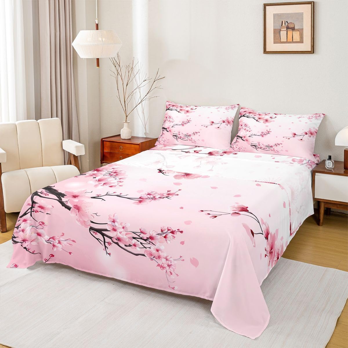 Homewish Cherry Bloosom Bedsheets Queen Size 4 Pcs,Pink Petal Spring Flowers Bedding Set for Girls Women Adults,Dreamy Wild Peach Blossom Sheet Set with Flat,Fitted Sheet,2 Pillowcases