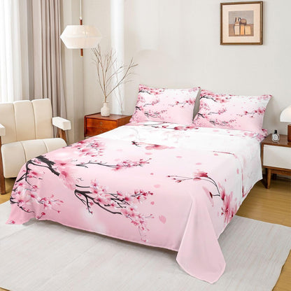 Homewish Cherry Bloosom Bedsheets Queen Size 4 Pcs,Pink Petal Spring Flowers Bedding Set for Girls Women Adults,Dreamy Wild Peach Blossom Sheet Set with Flat,Fitted Sheet,2 Pillowcases