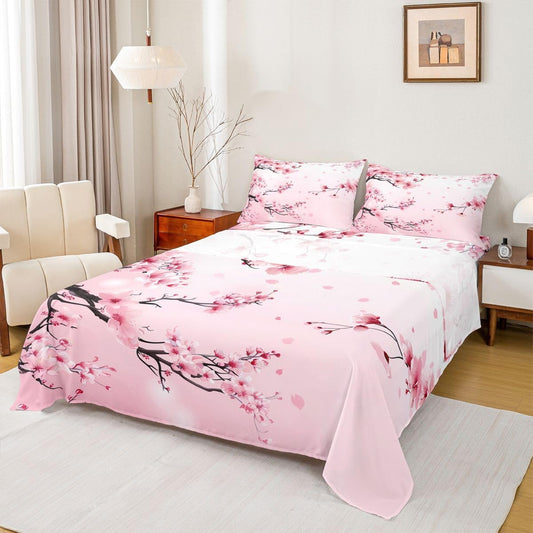 Homewish Cherry Bloosom Bedsheets Queen Size 4 Pcs,Pink Petal Spring Flowers Bedding Set for Girls Women Adults,Dreamy Wild Peach Blossom Sheet Set with Flat,Fitted Sheet,2 Pillowcases