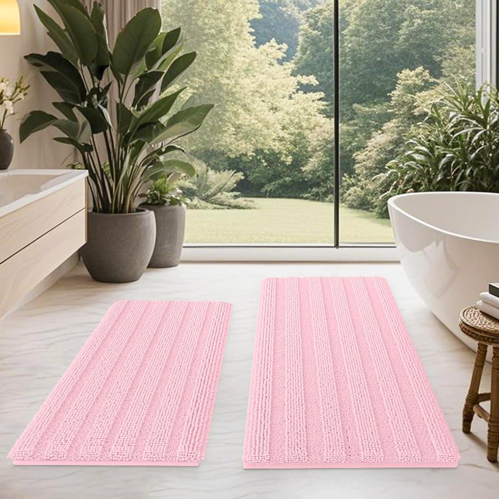 ACCUMTEK Christmas Striped Pink Bathroom Rug Mat Set 2 piece 32"x20"+24"x17" Ultra Soft, Non Slip Chenille Bath Rugs, Absorbent Plush Shaggy Bath Mats for Bathroom, Bedroom, Kitchen, Shower, Tub