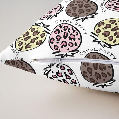 Cartoon Leopard Strawberry Throw Pillow Covers (Pack of 2),Pink Yellow Brown Leopard Cushion Cover for Teens Wild Cheetah Fur Pillow Cases Cute Fruits Pattern Living Room Sofa Bed Decor ,22"Lx22"W