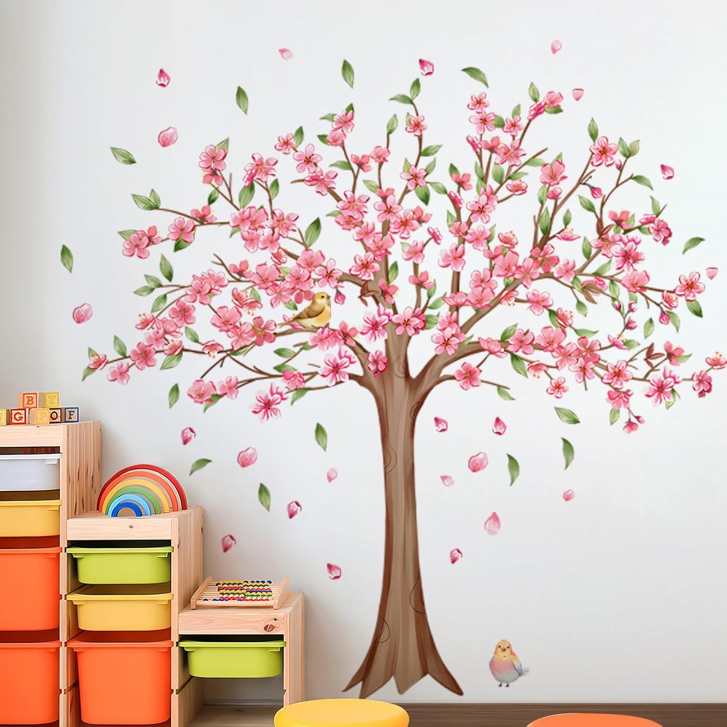 Large Cherry Blossom Tree Wall Decals Pink Peach Flowers Wall Stickers Tree Branch Birds Floral Green Leaves Wall Art Plum Blossom Vinyl Removable Wallpaper for Kids Nursery Home Decor 9265