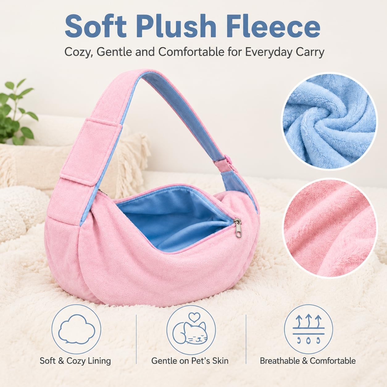 Cat Sling Carrier for Cats and Kittens, Soft Fleece Pet Sling Carrier Bag with Adjustable Shoulder Strap, Hands-Free Puppy and Small Dog Carrier Sling Travel Pouch for Small Pets Under 10 lbs, Pink