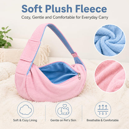 Cat Sling Carrier for Cats and Kittens, Soft Fleece Pet Sling Carrier Bag with Adjustable Shoulder Strap, Hands-Free Puppy and Small Dog Carrier Sling Travel Pouch for Small Pets Under 10 lbs, Pink