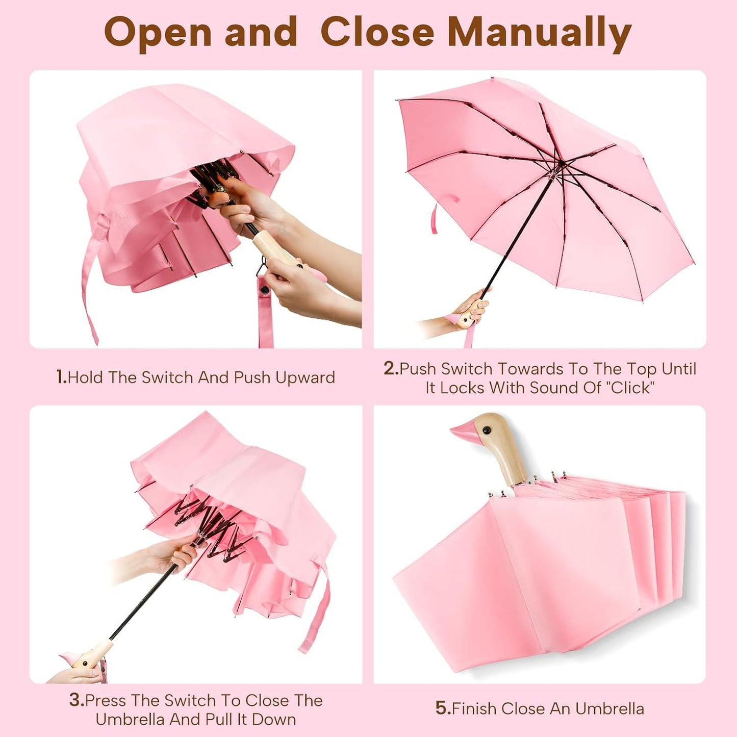 Compact Small Umbrellas for Rain&Sun, Cute Design Duck Head Umbrella for Girls Gifts, 8 Ribs Folding Umbrella with Wooden Handle