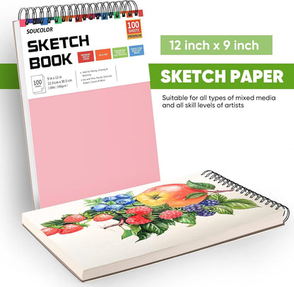 Soucolor Cute Sketch Book 9" x 12" for Teen Girls,Sketchbook 100 Sheets Spiral Notebook Drawing Pad, Pastel School Supplies for Artists, Arts and Crafts Gifts Set for Kids,Women