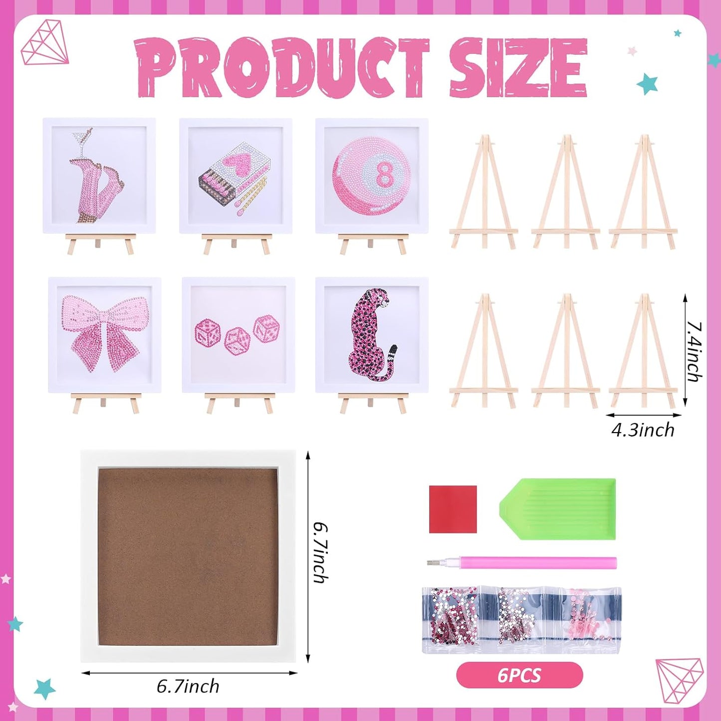 YooNotee 6 Pack Pink Diamond Painting Kits for Adults DIY 5d Art Kits 6.7 x 6.7 Inch Full Drill Special Shape Diamond Paintings Gem Art and Crafts Home Decor and Easel for Galentine Night Birthday