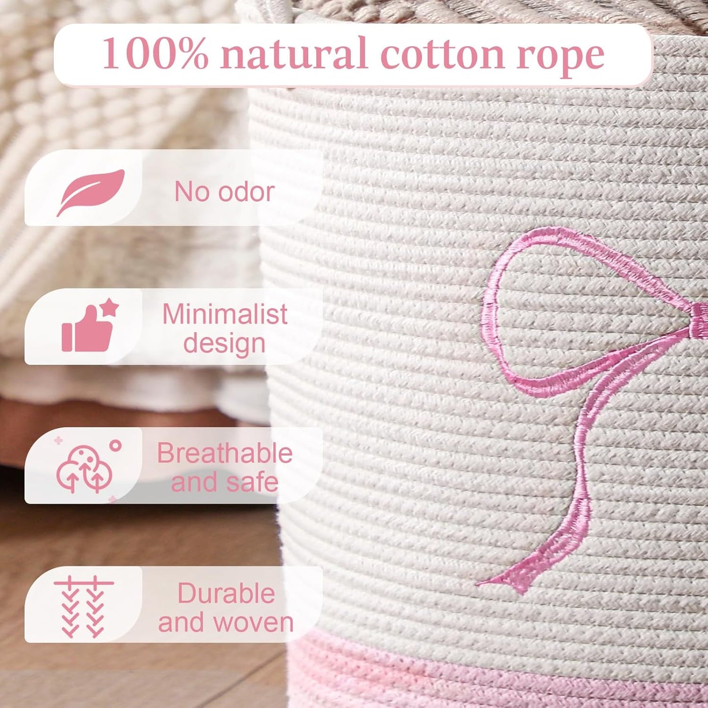 Honeydak Large Pink Laundry Basket Bow Hamper Cotton Rope Pink Laundry Hamper 13 x 20 Inch Toy Box Coquette Bow Girly Nursery Basket Storage for Bedroom Bathroom Blanket Clothes Organization