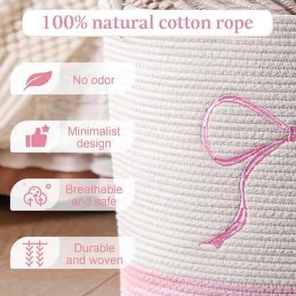 Honeydak Large Pink Laundry Basket Bow Hamper Cotton Rope Pink Laundry Hamper 13 x 20 Inch Toy Box Coquette Bow Girly Nursery Basket Storage for Bedroom Bathroom Blanket Clothes Organization