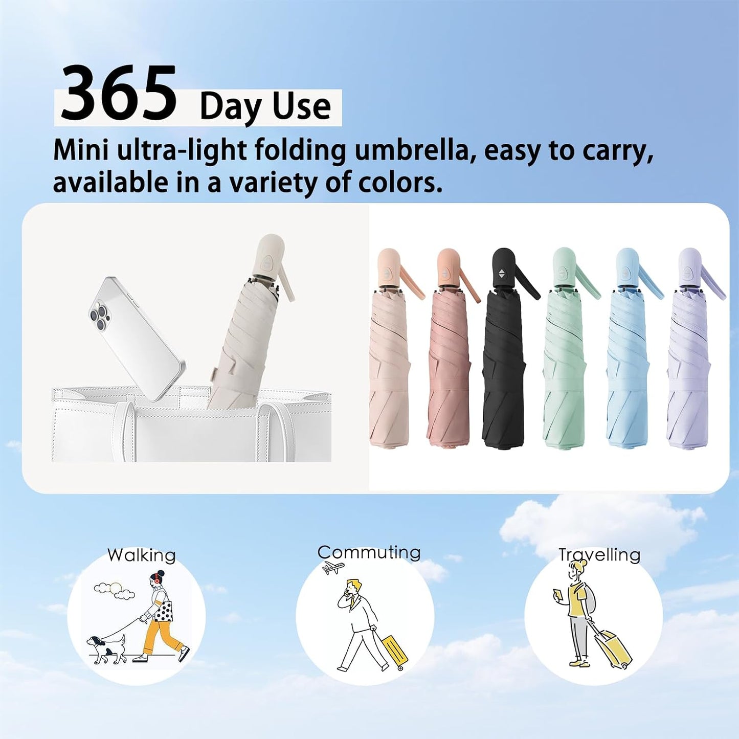 Ultra Lightweight Compact Umbrella 7.8 oz, Auto Open Close Folding Design for Sun & Light Rain, Mini Travel Accessory for Purse & Backpack, Portable UV Protection for Daily Commute, One-Person Use