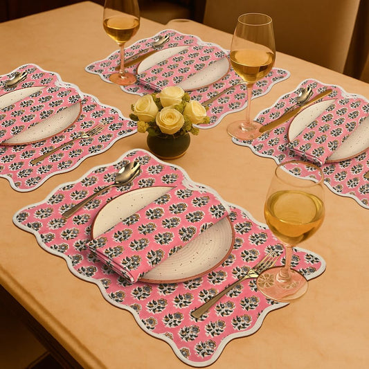CPC Cotton Placemats Poopy Pink Set of 4-Hand Block Printed Reversible Placemats, Flower Scalloped & Embroidered Cloth Table Mats - 14 x 20 inch Gift for Spring, Mother's Day